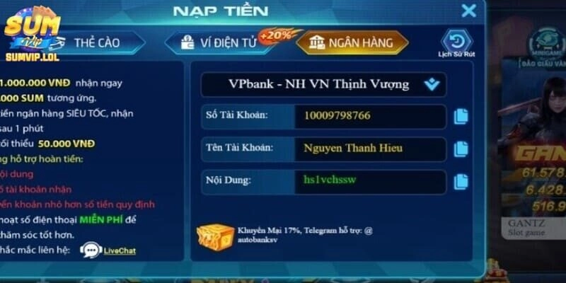 Nạp tiền Sumvip bằng tài khoản ngân hàng không quá phức tạp